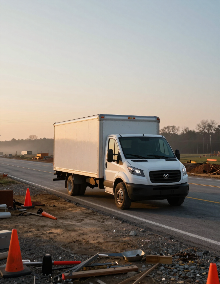 White work van parked at a job site on a Pennsylvania road in early morning light