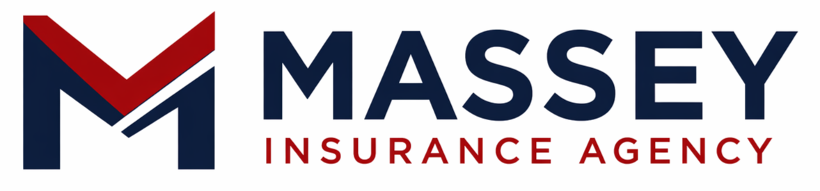 Massey Insurance Agency logo in navy red and gray text with stylized M icon