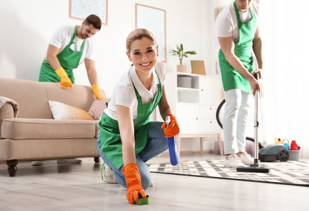 A Group of People Are Cleaning a Living Room — Haydyn's Cleaning In Urraween, QLD