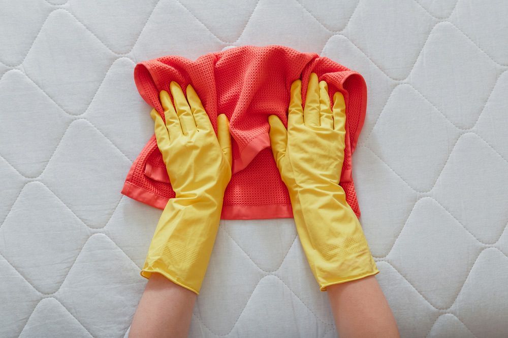 A Person Wearing Yellow Gloves Is Cleaning a Mattress with A Towel — Haydyn's Cleaning In Urraween, QLD