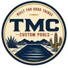 TMC Custom Pools & Renovations logo with blue letters and red-gold wave accents