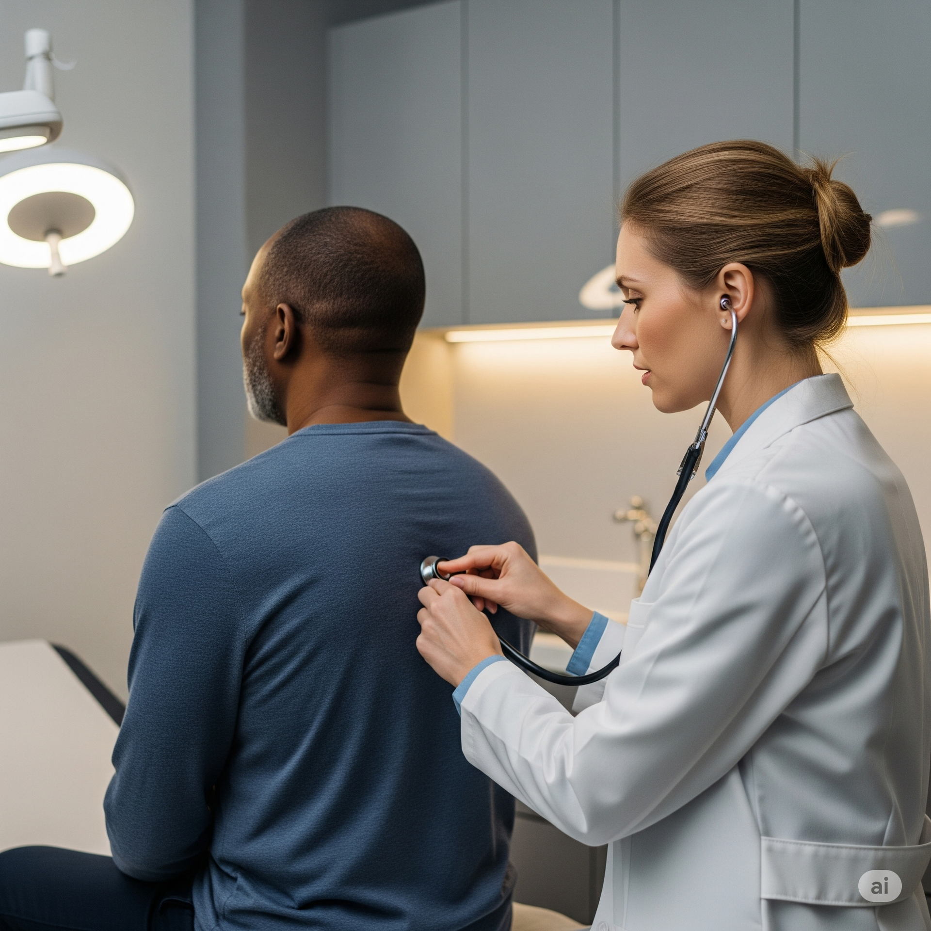A doctor in a white coat listens to the back of a Black man with a stethoscope in a medical examination room.