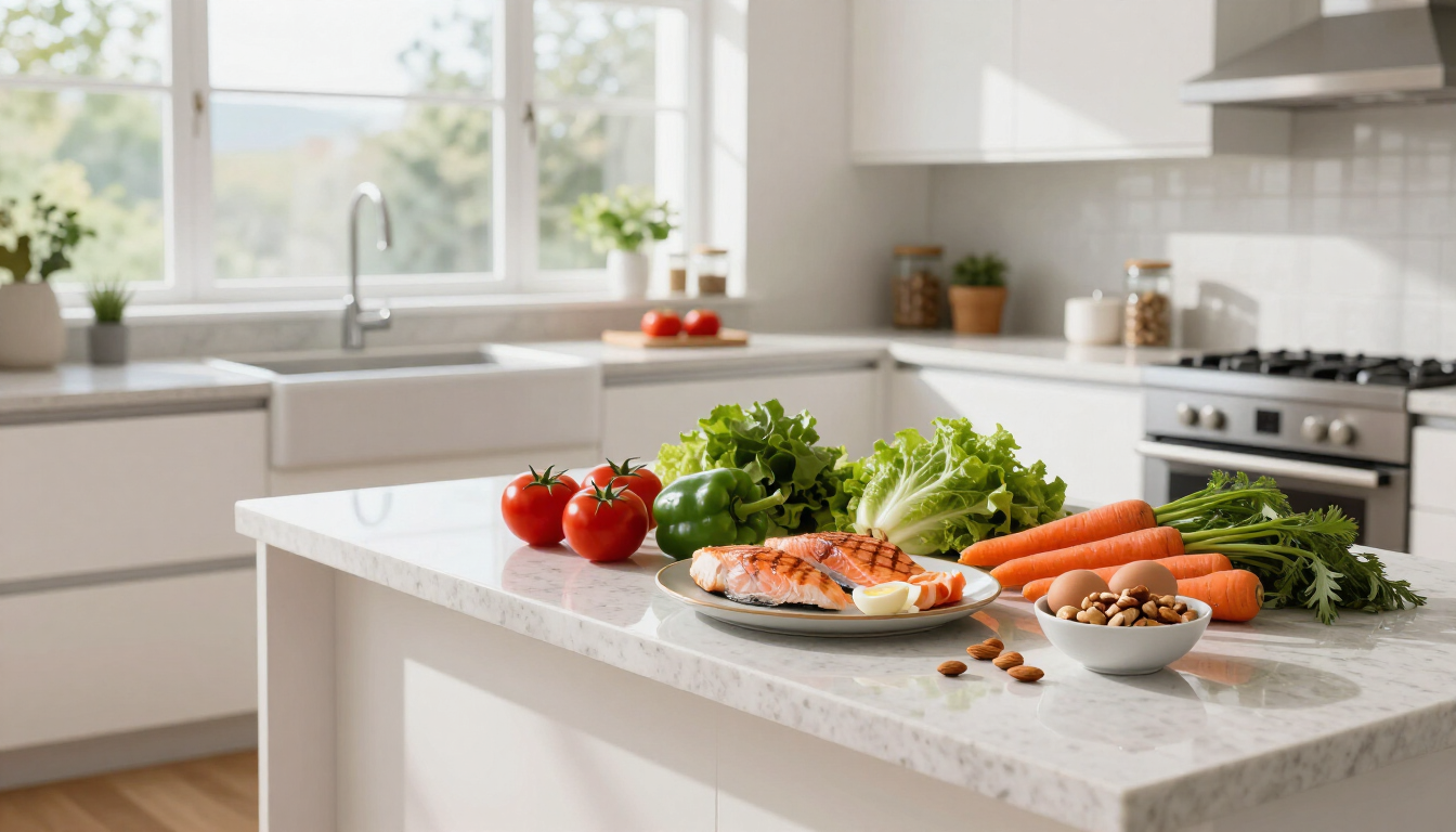 A healthy meal and athletic shoes representing a balanced lifestyle for weight loss success.