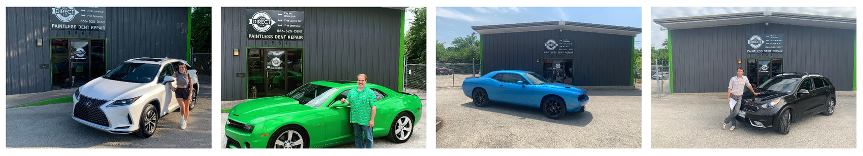A collage of four pictures of cars parked in front of a building.