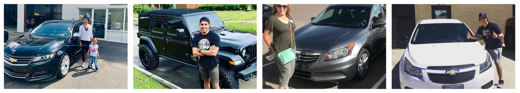 A collage of four pictures of people standing next to cars.