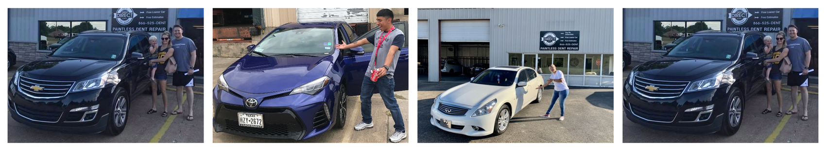 A collage of four pictures of people standing next to cars.