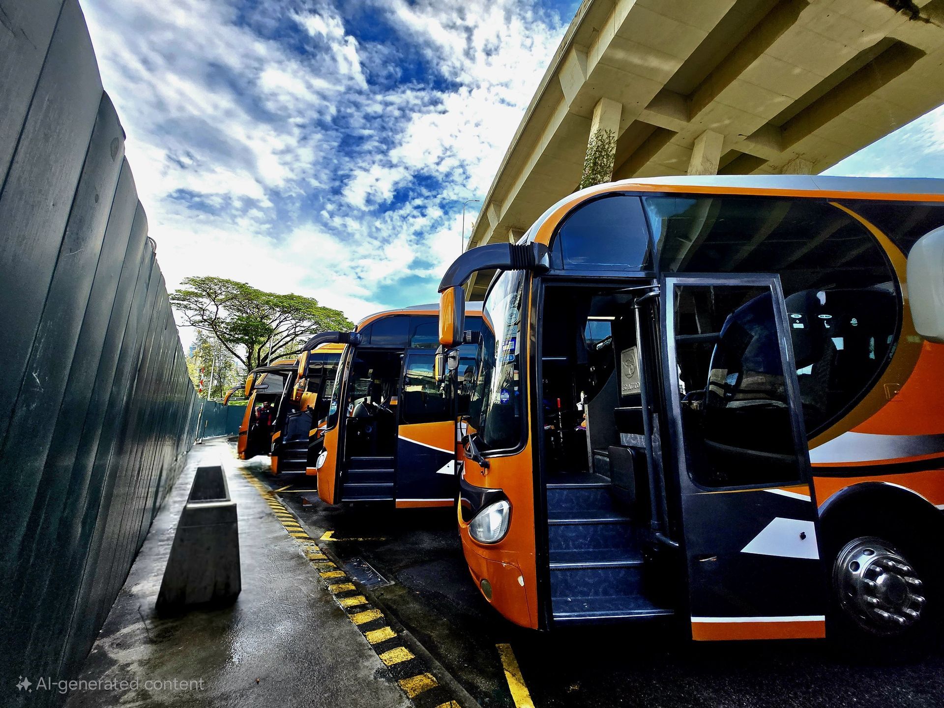 Orange-and-black buses lined up at a depot under a cloudy sky, with one bus door open.