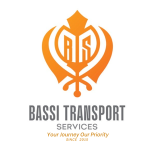 Logo for Bassi Transport Services, featuring the Khanda symbol and company name. Orange and gray color scheme.