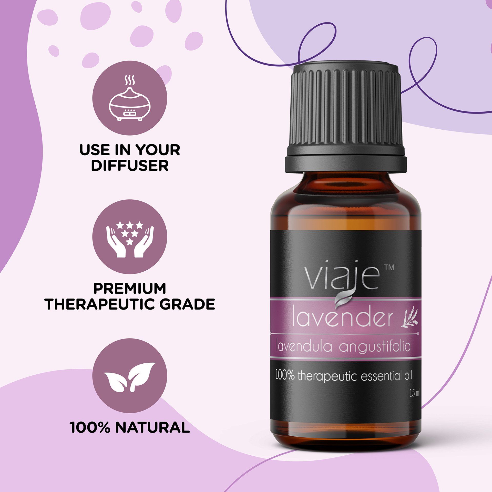 A bottle of viaje lavender essential oil with a purple background.