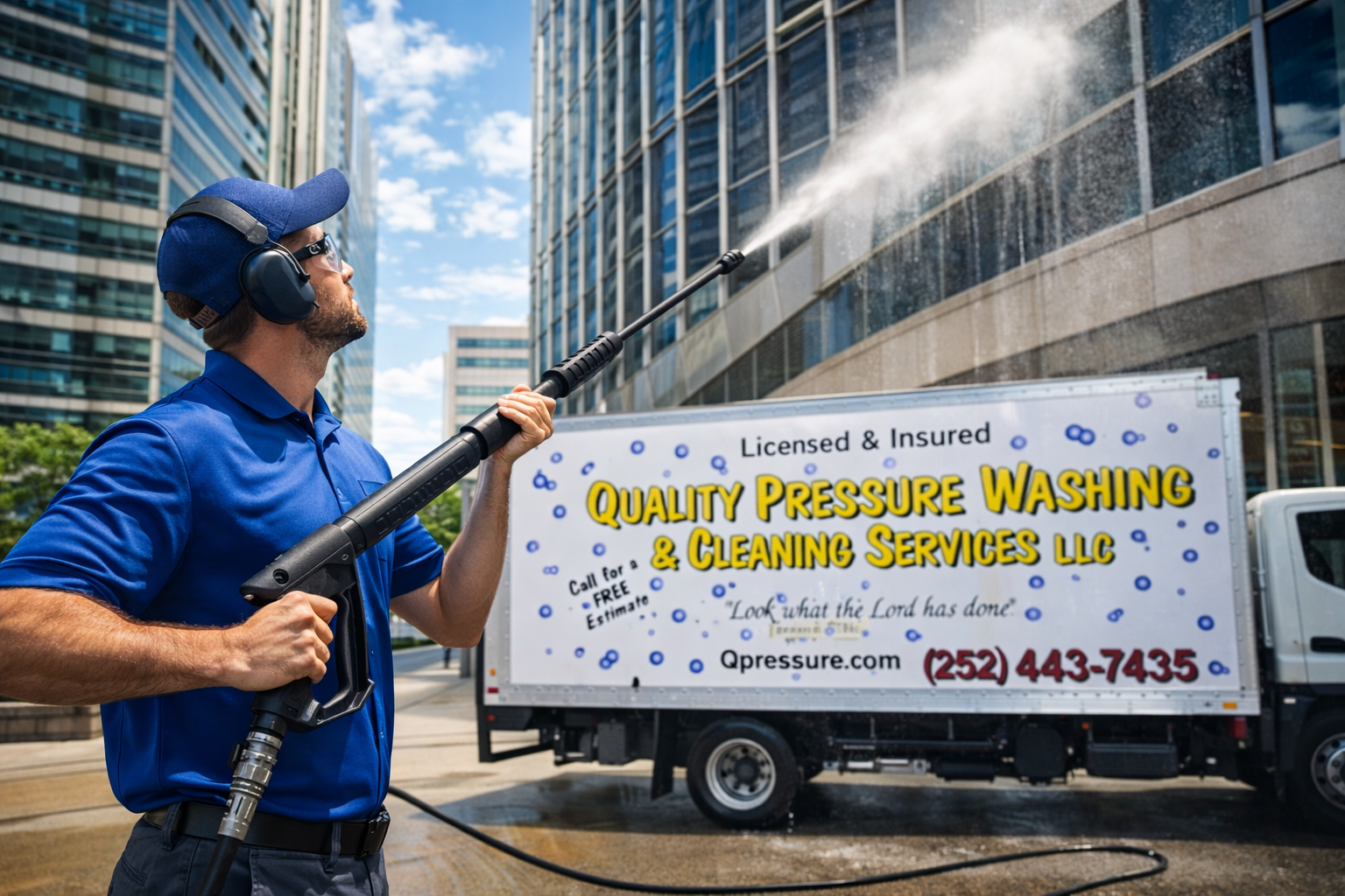 Worker pressure washing a tall glass building beside a truck with a service banner