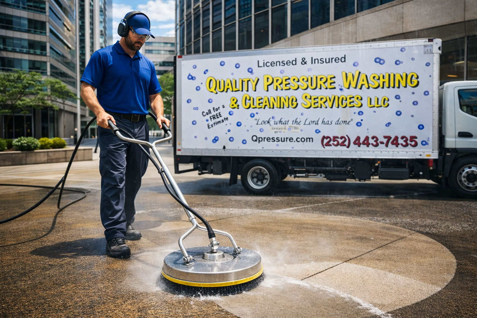 Man pressure washing a concrete surface with cleaning services truck in the background.