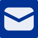 White envelope icon on a blue square background.