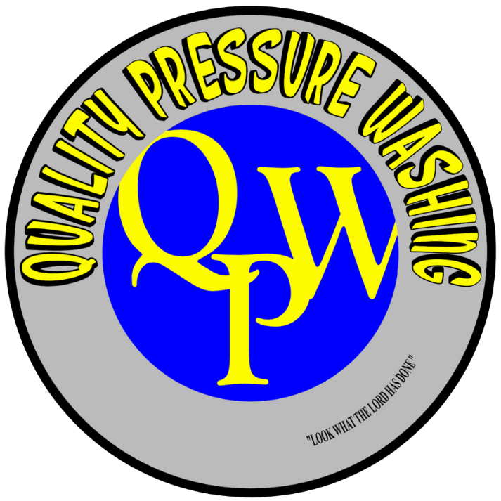 Logo for Quality Pressure Washing: Blue and yellow text on a gray circle.