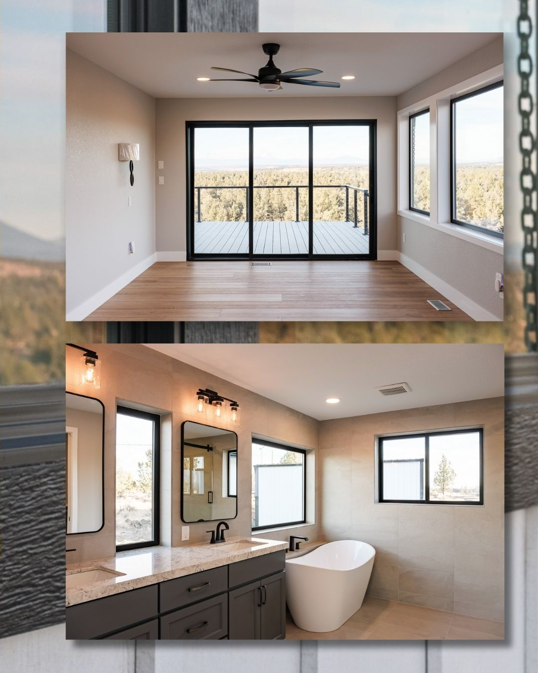 Top: Empty room with deck access, black trim windows, ceiling fan. Bottom: Bathroom with vanity, tub, windows.