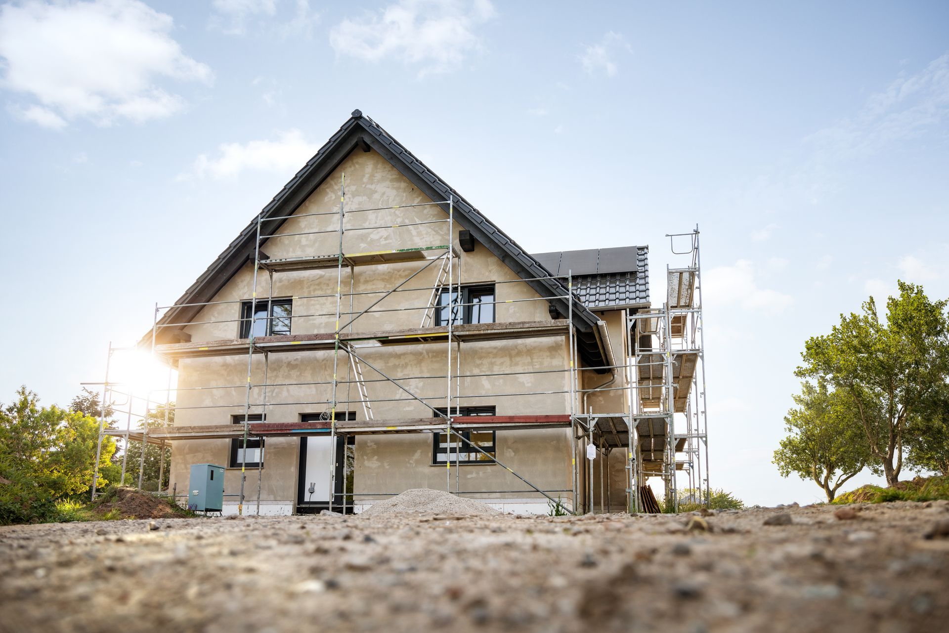 Exterior of a single family house under construction.