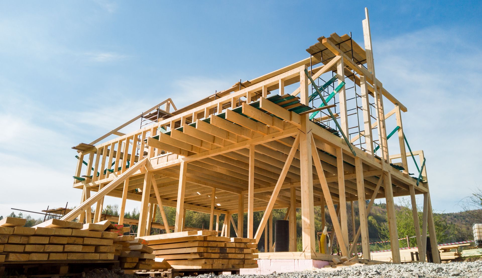Framing of a new wooden house under construction.