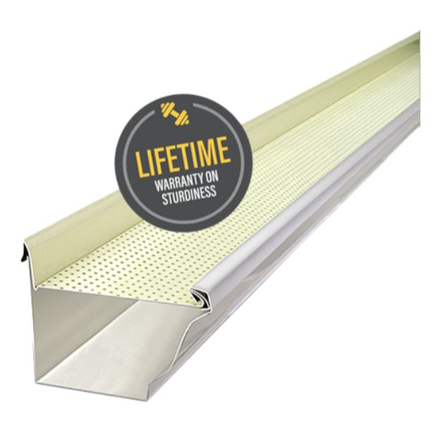 Metal stair nosing strip in light beige and silver with “Lifetime warranty on sturdiness” badge