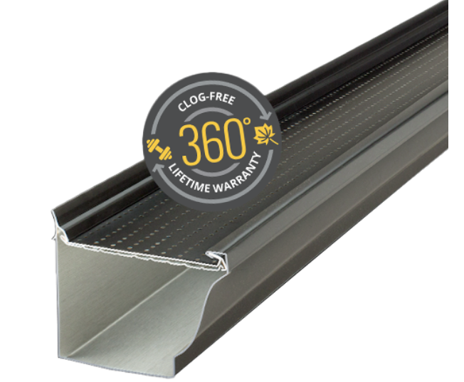 Metal gutter guard with black cover and “Clog-Free 360” warranty badge