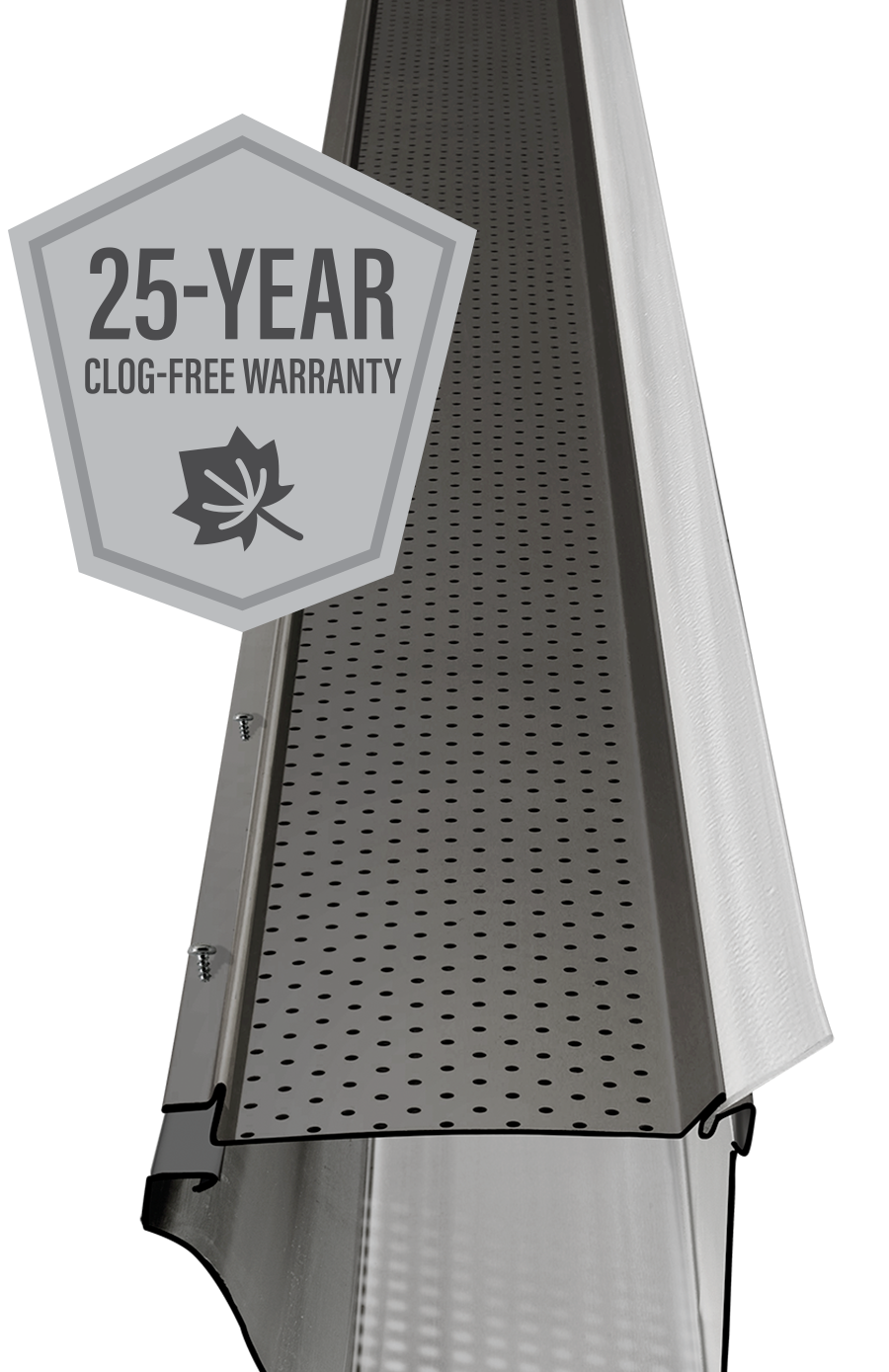 Roofing panel with a “25-year clog-free warranty” badge attached