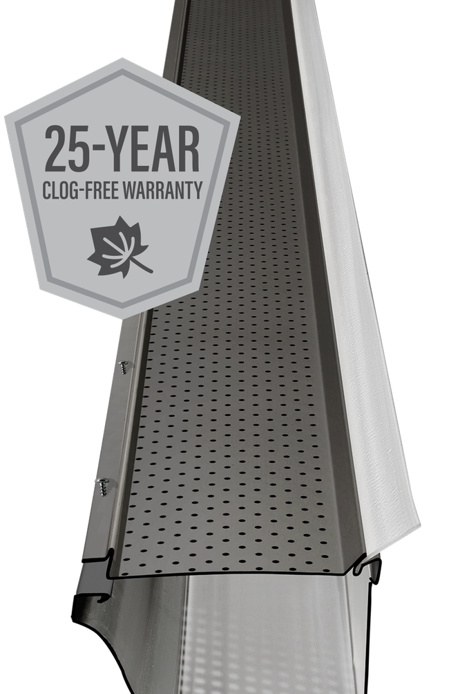 Gray metal roof vent with a “25-year clog-free warranty” badge on the left.