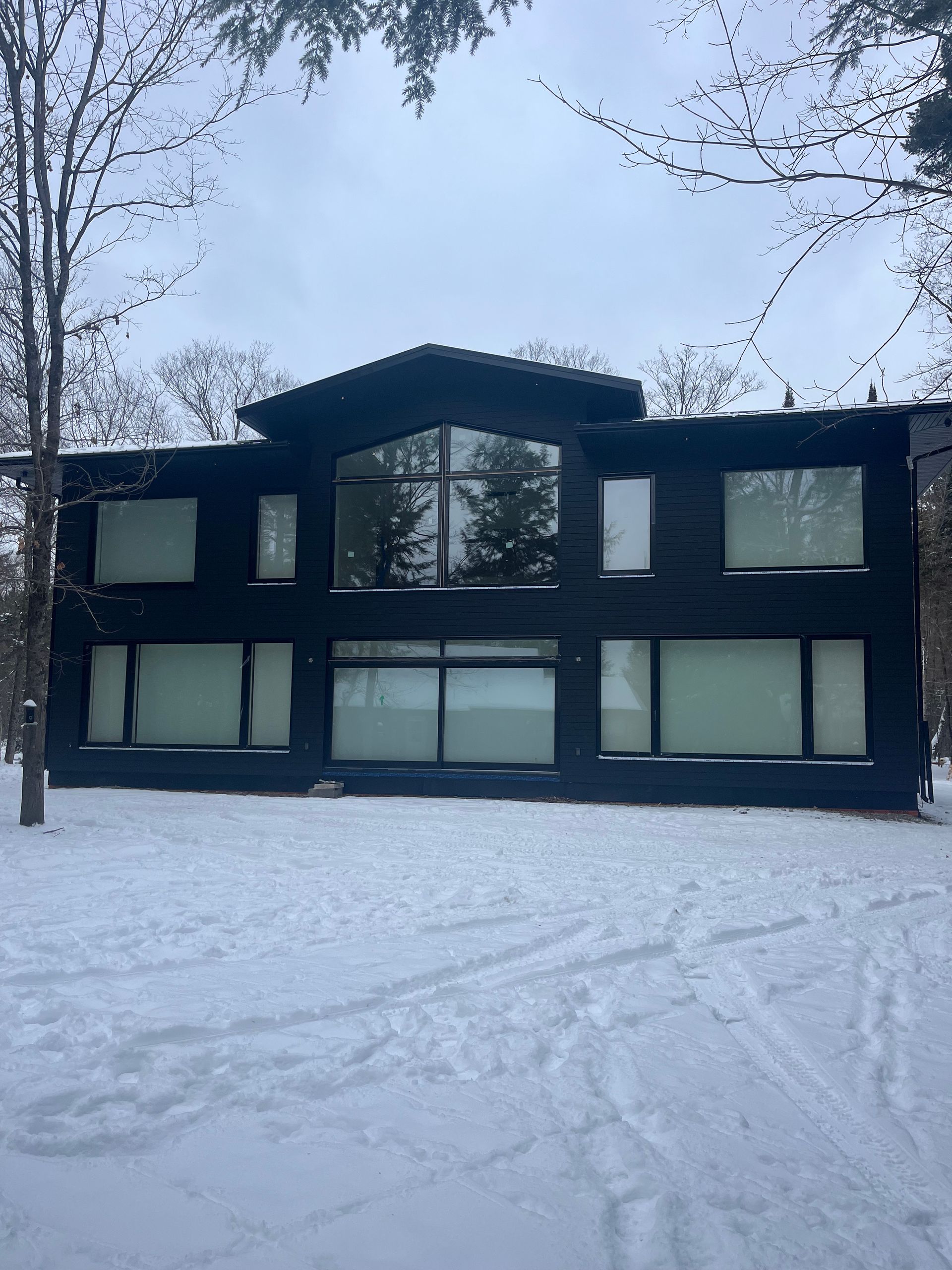 Dark modern two-story house in a snowy yard with bare trees around it.