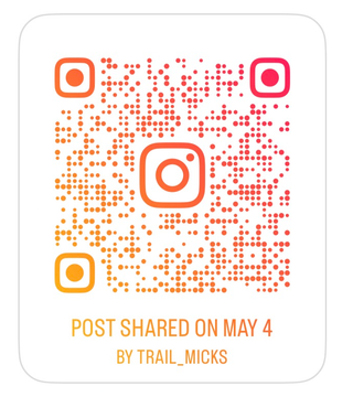 Instagram post QR code card with orange-pink gradient and “post shared on May 4 by trail_micks” text