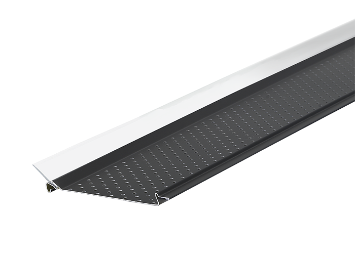 Black perforated metal threshold ramp with silver edges, shown diagonally on a white background