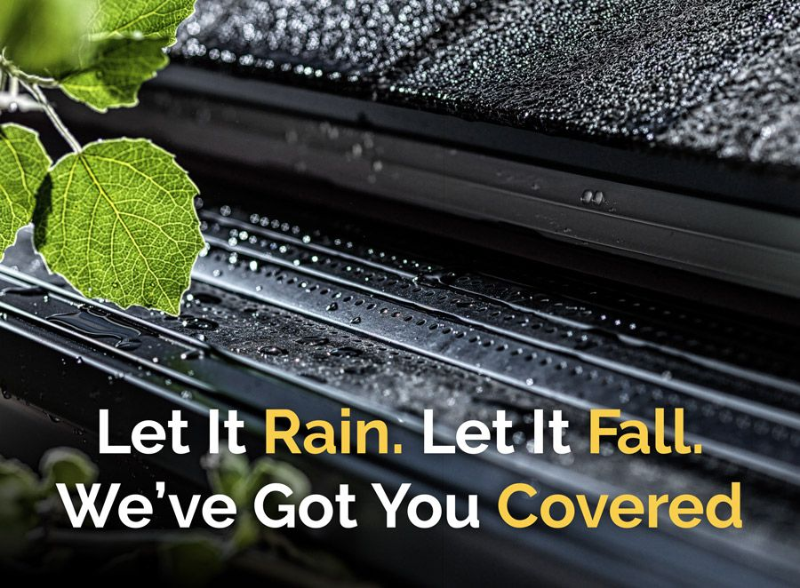 Rain on black roof with green leaves and the text, “Let It Rain. Let It Fall. We’ve Got You Covered.”