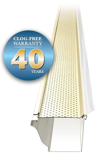 White vinyl window trim with blue badge reading “Clog Free Warranty 40 Years”