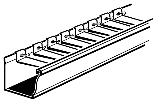 Black-and-white diagram of a metal cable tray with side brackets and slots along the top