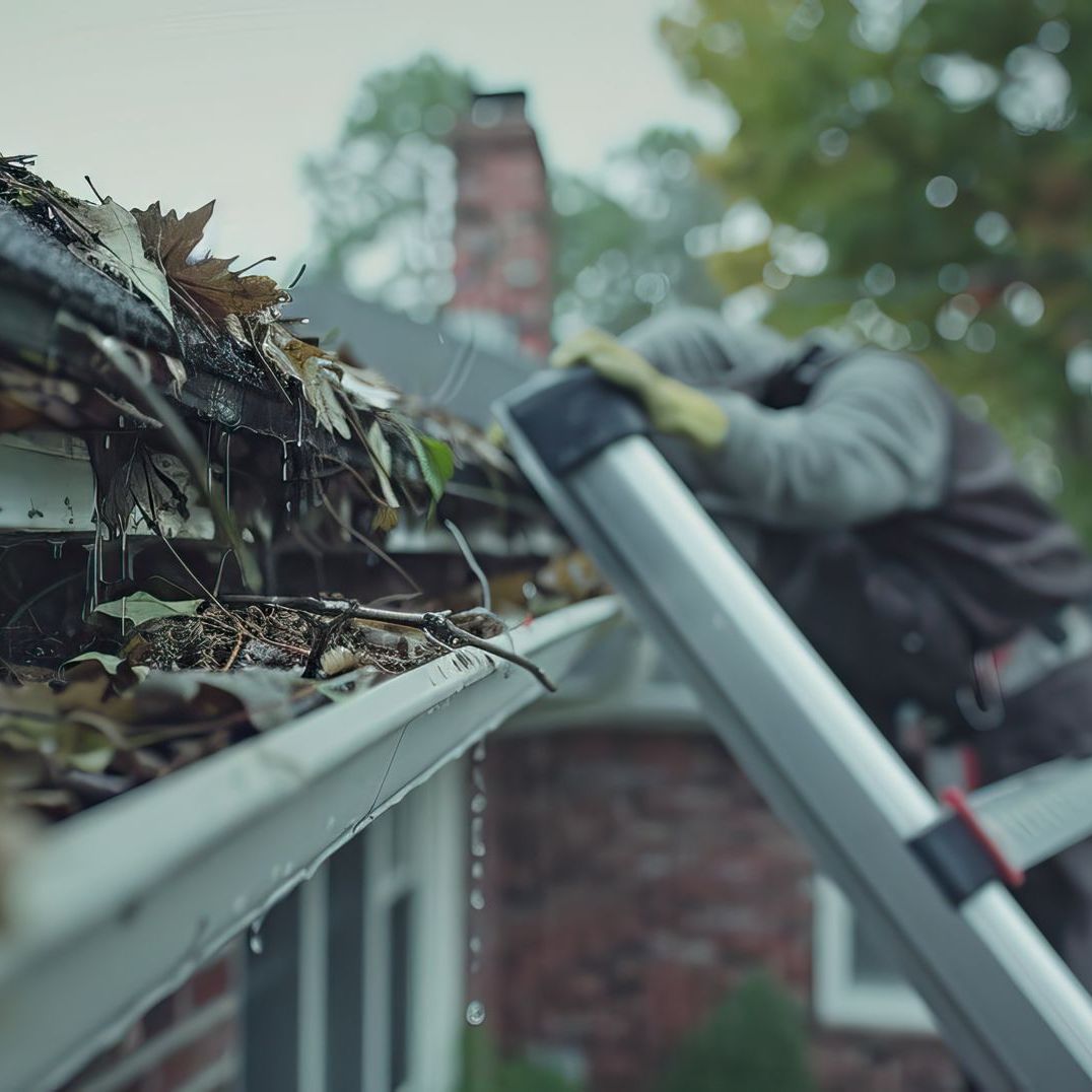 Worker cleaning gutters on a ladder beside a brick house and roofline