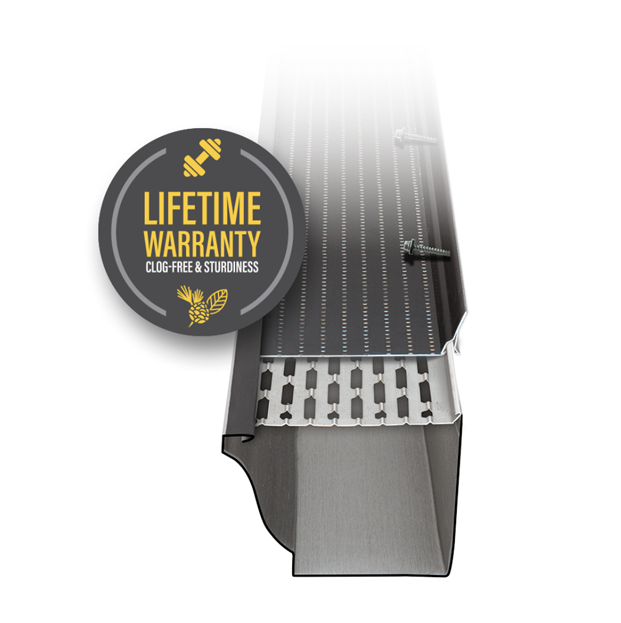 Black roof gutter guard with round “Lifetime Warranty” badge on white background