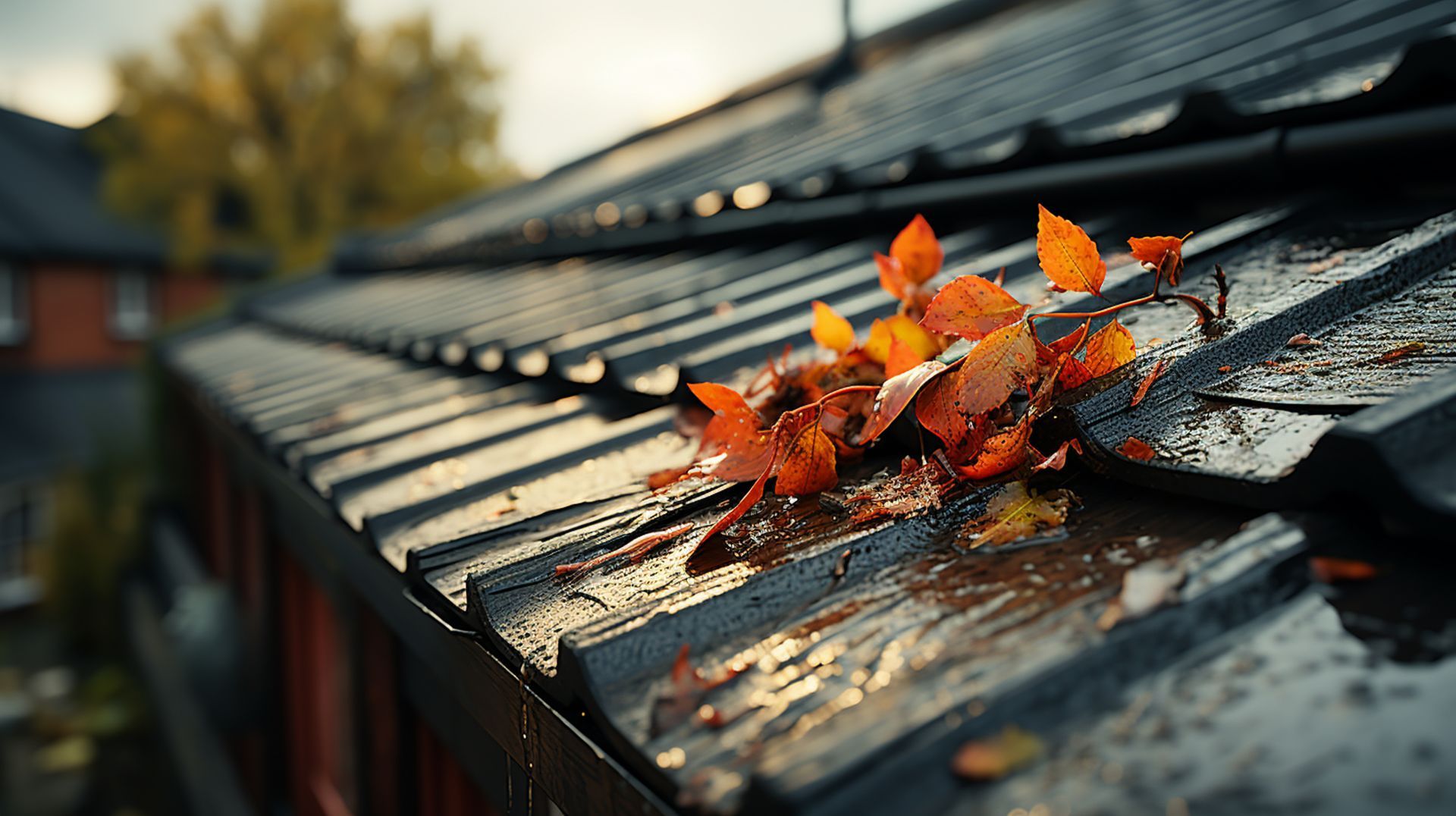 Orange autumn leaves on a wet metal roof gutter after rain