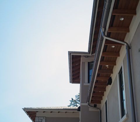 Upward view of a house roof and eaves against a pale sky