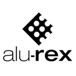 Alu-rex logo with black geometric icon and lowercase text on white background