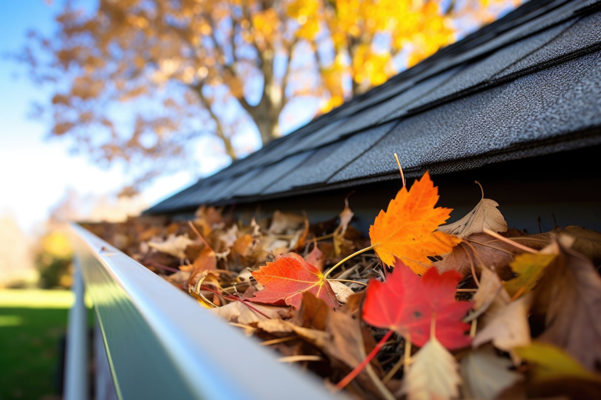Gutter full of autumn leaves beside a house with a blurred tree in the background