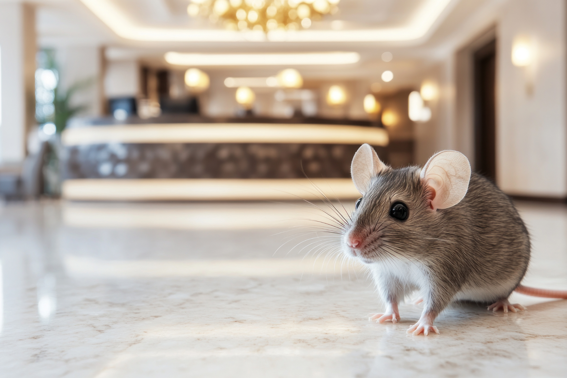 A mouse is standing on a marble floor in a hotel lobby.