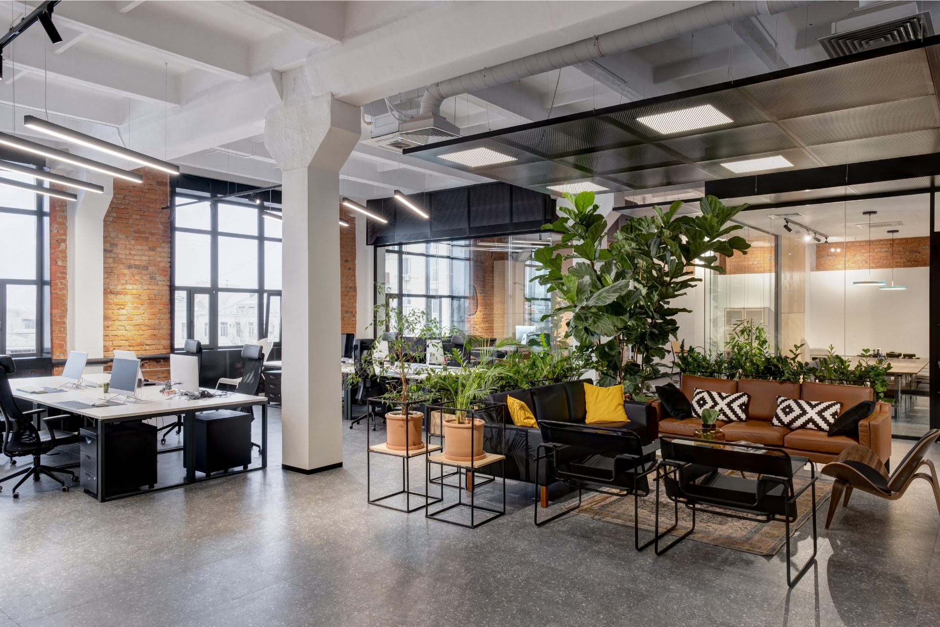 A large open office with a lot of furniture and plants.