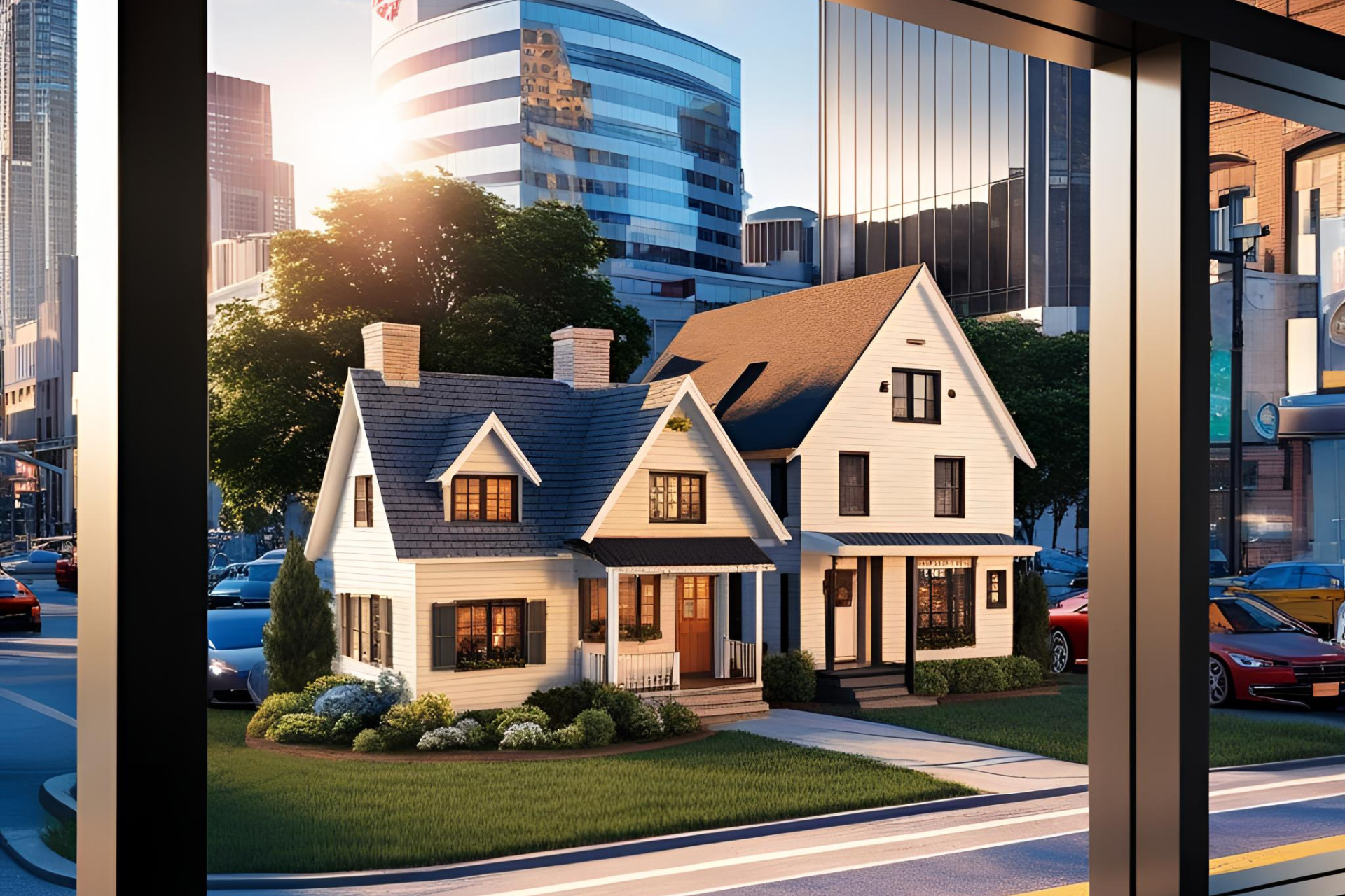 A picture of a house with a city in the background