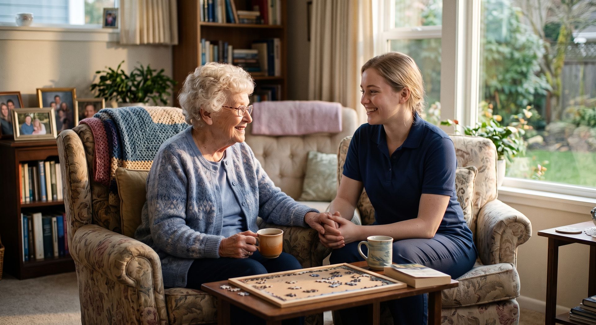 Two women talk over a board game in a cozy living room by a bright window.