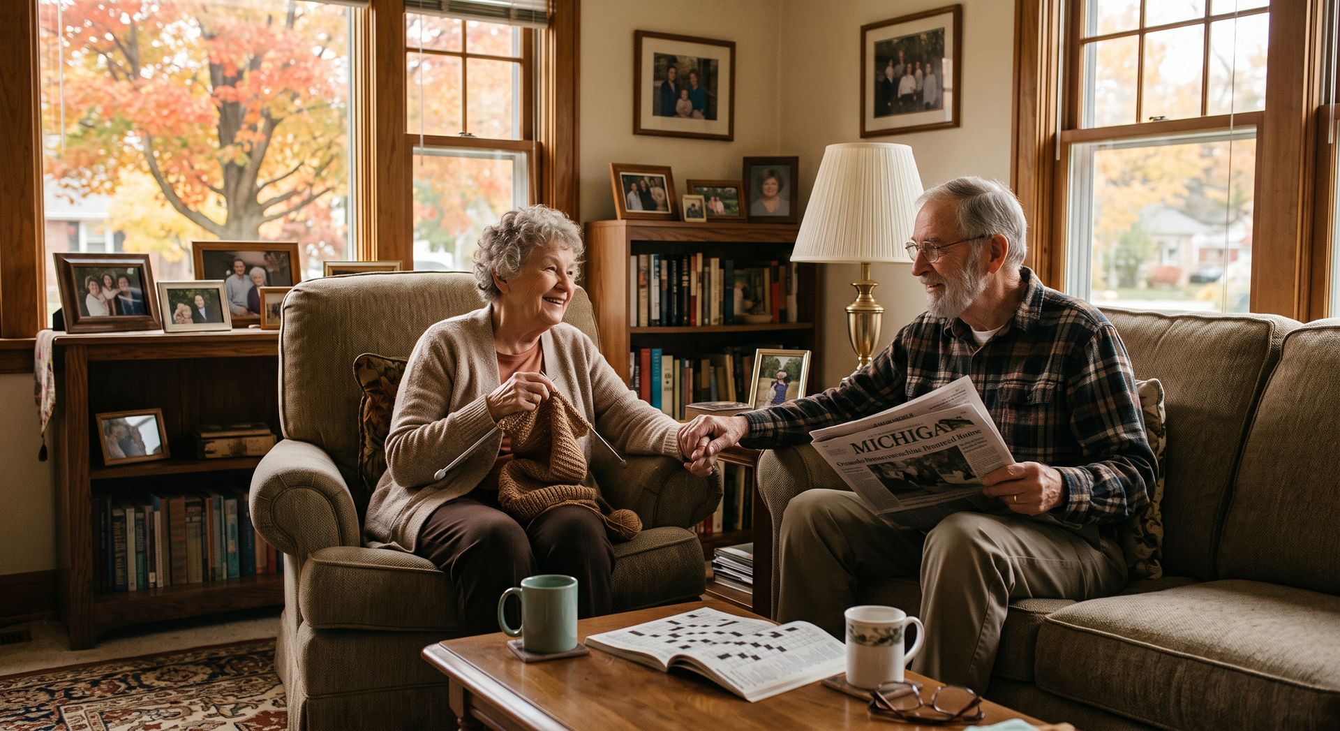 Two people chatting on a couch in a cozy living room with warm sunlight and coffee mugs on a table
