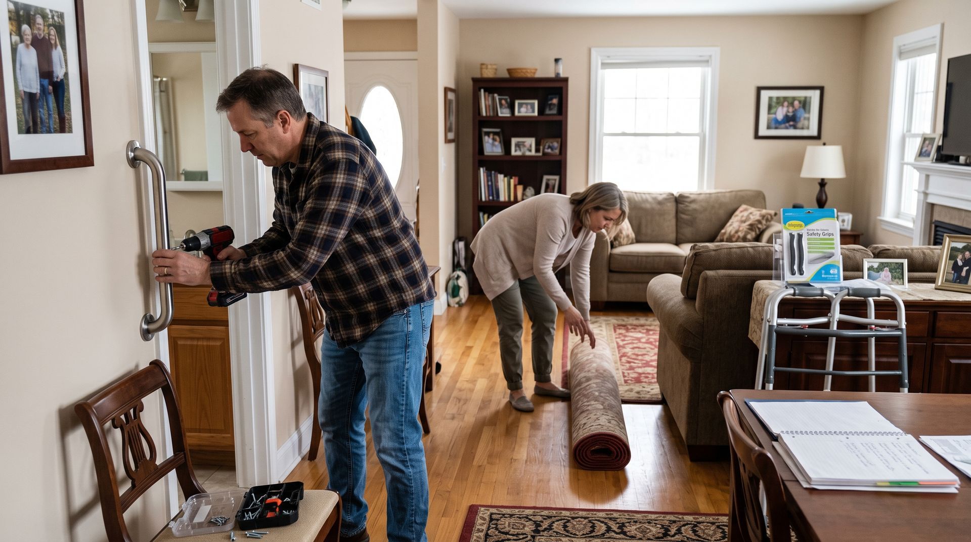 Two people cleaning a living room, one sweeping near the couch and one working by the front door.