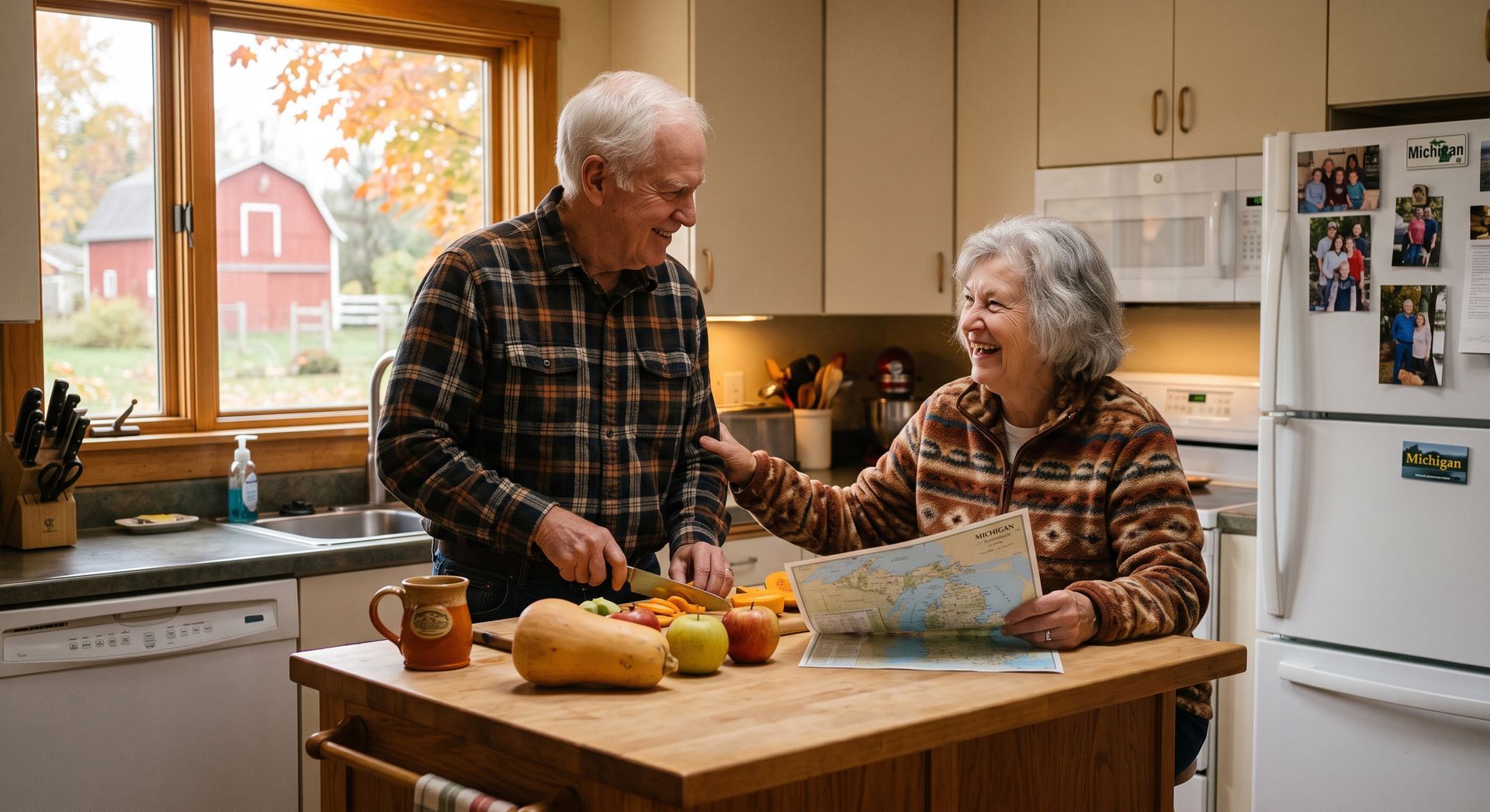 Two people smiling in a warm kitchen, sharing a cake on a wooden table with fruit and mugs nearby