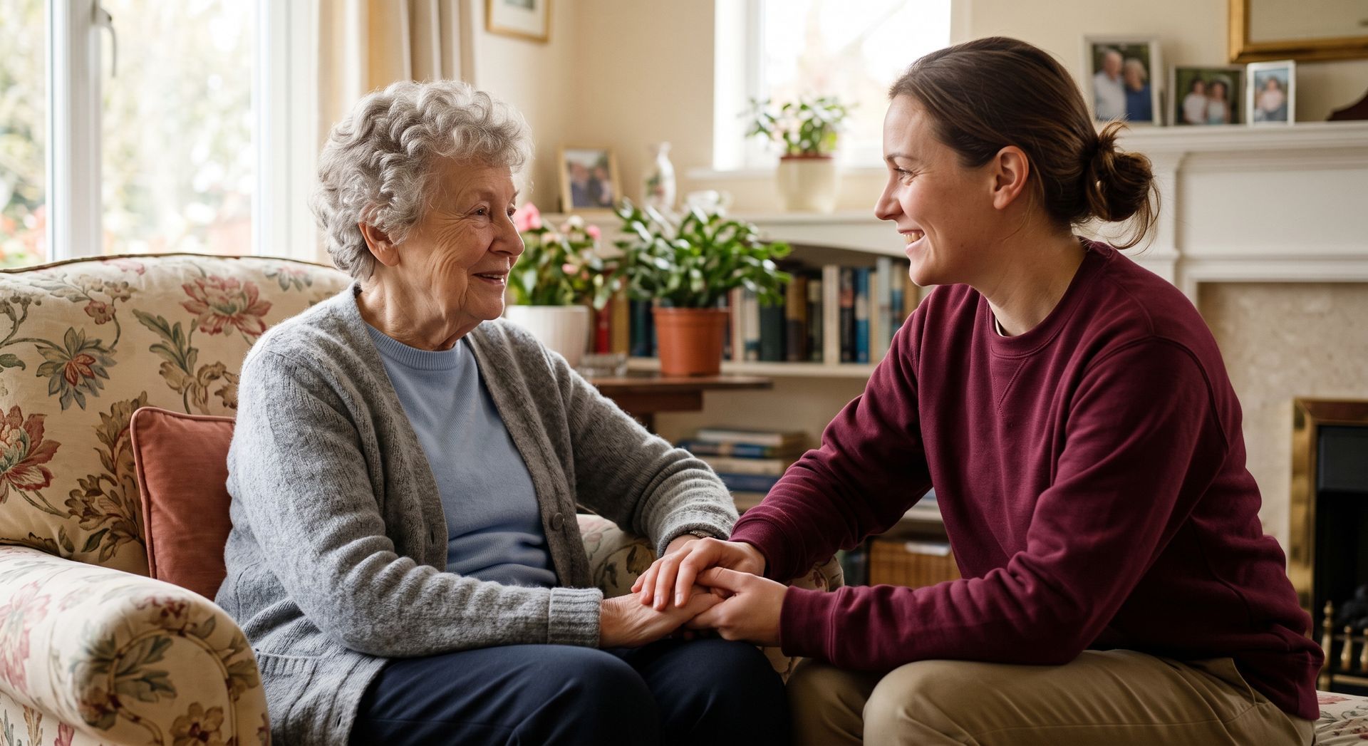 Two women sit on a couch, smiling and holding hands in a bright living room.