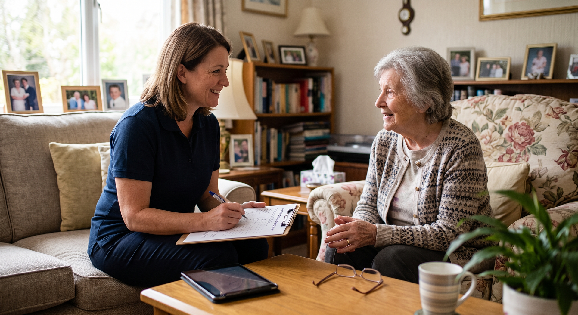 Two women sit talking in a cozy living room, one holding a clipboard, with books and framed photos nearby.