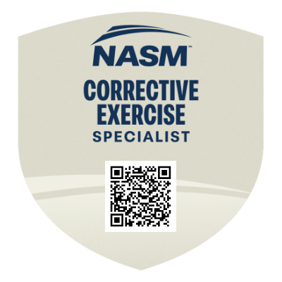 NASM Corrective Exercise Specialist badge with QR code. NASM Corrective Exercise Specialist badge with QR code.