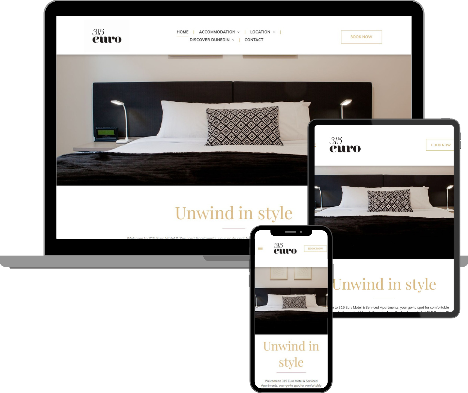 Three screens: laptop, tablet, and phone, displaying a hotel website.