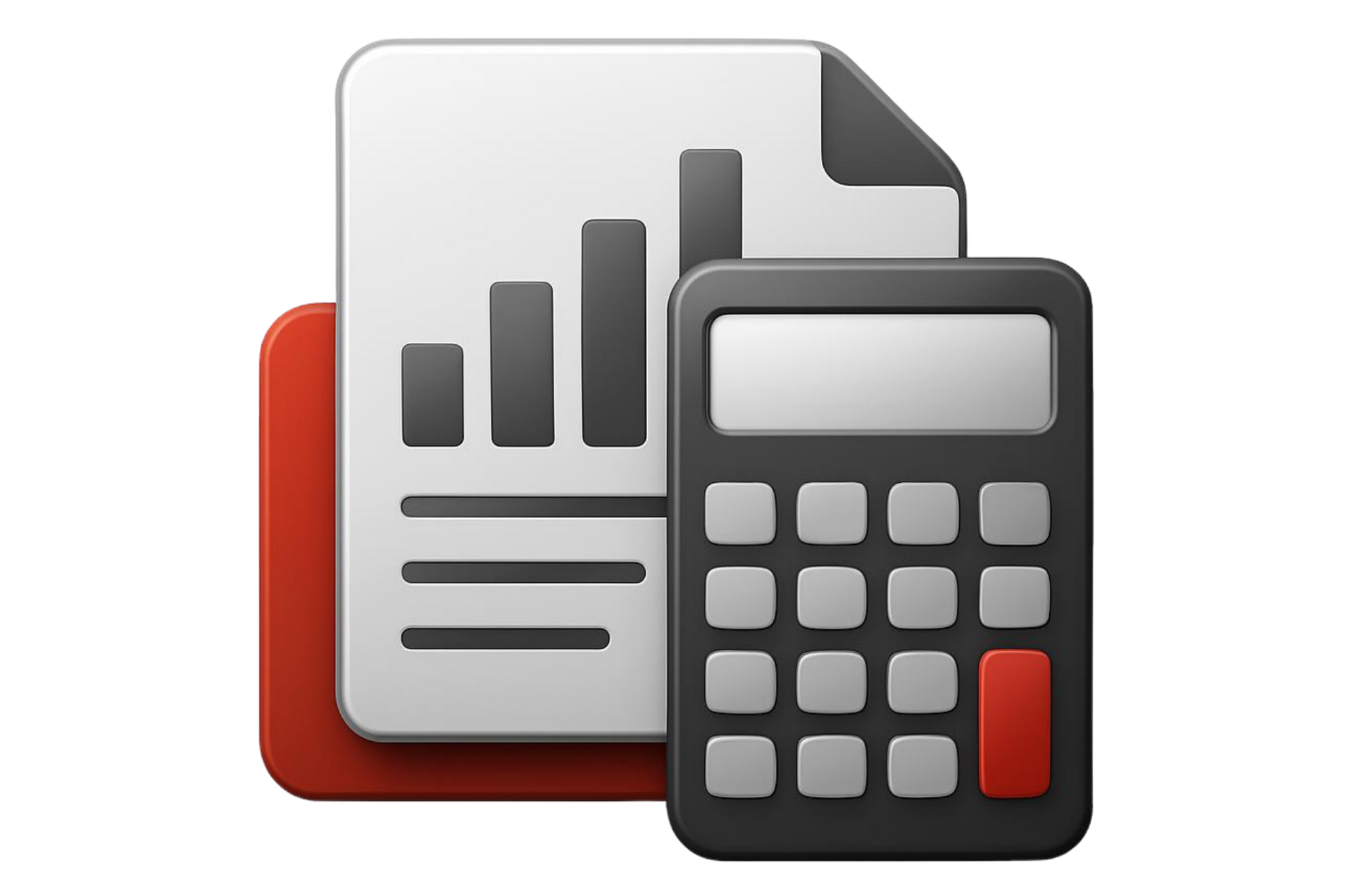 Calculator over a report document with bar chart, red and gray icons