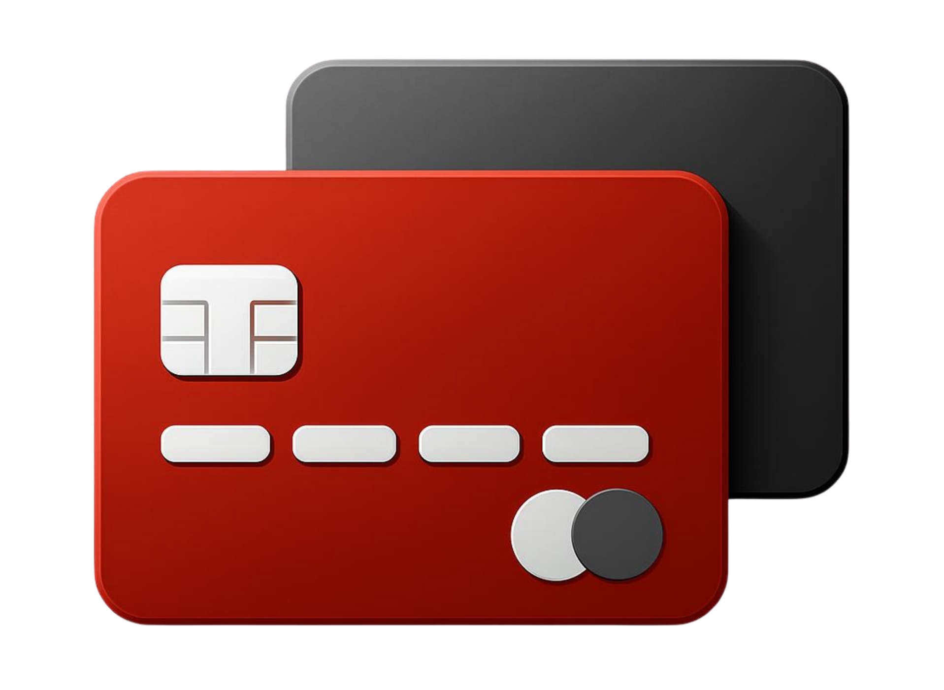 Red credit card with chip in front of dark card stack