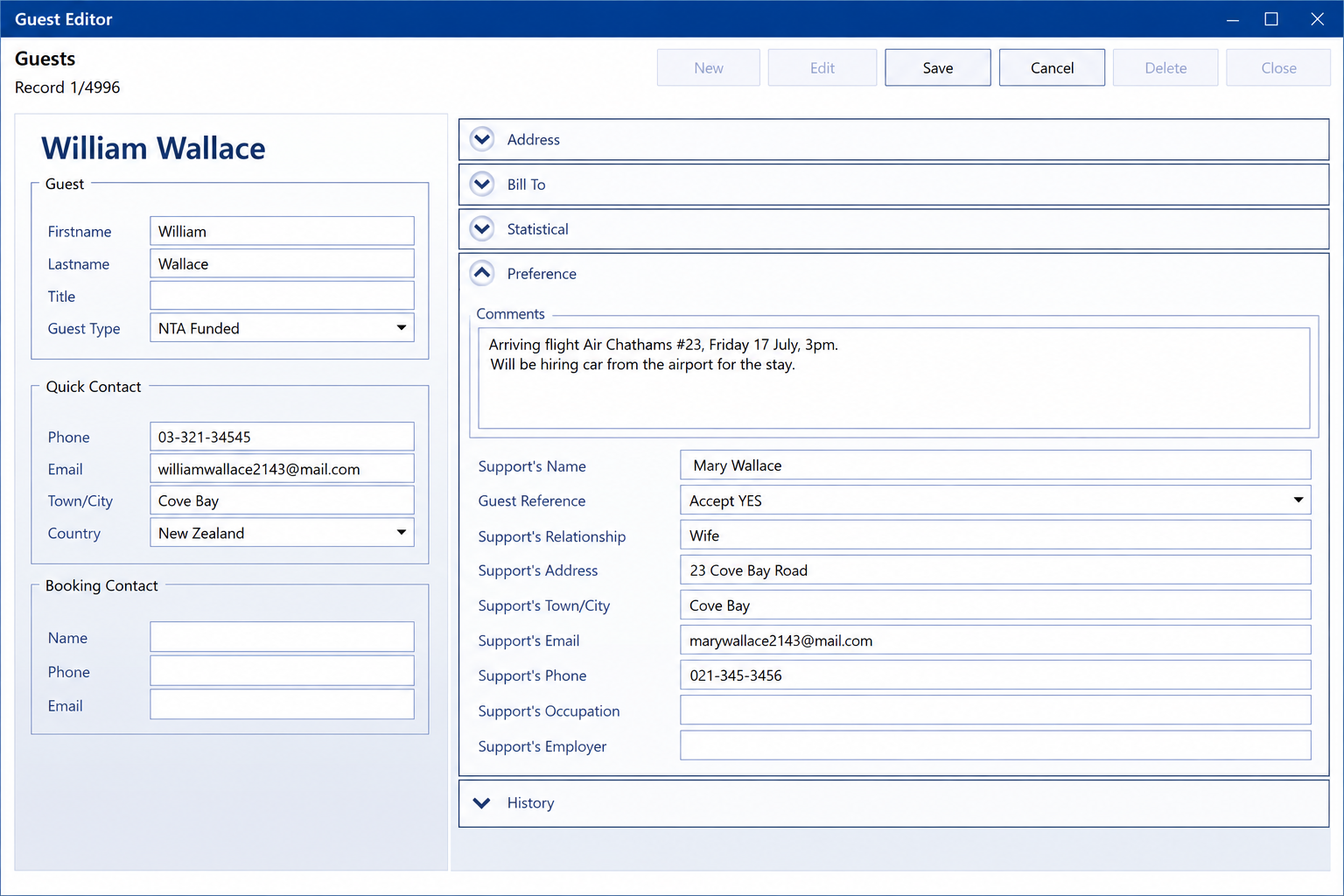 Patient record form for William Wallace in a medical-style web application with editable fields and tabs